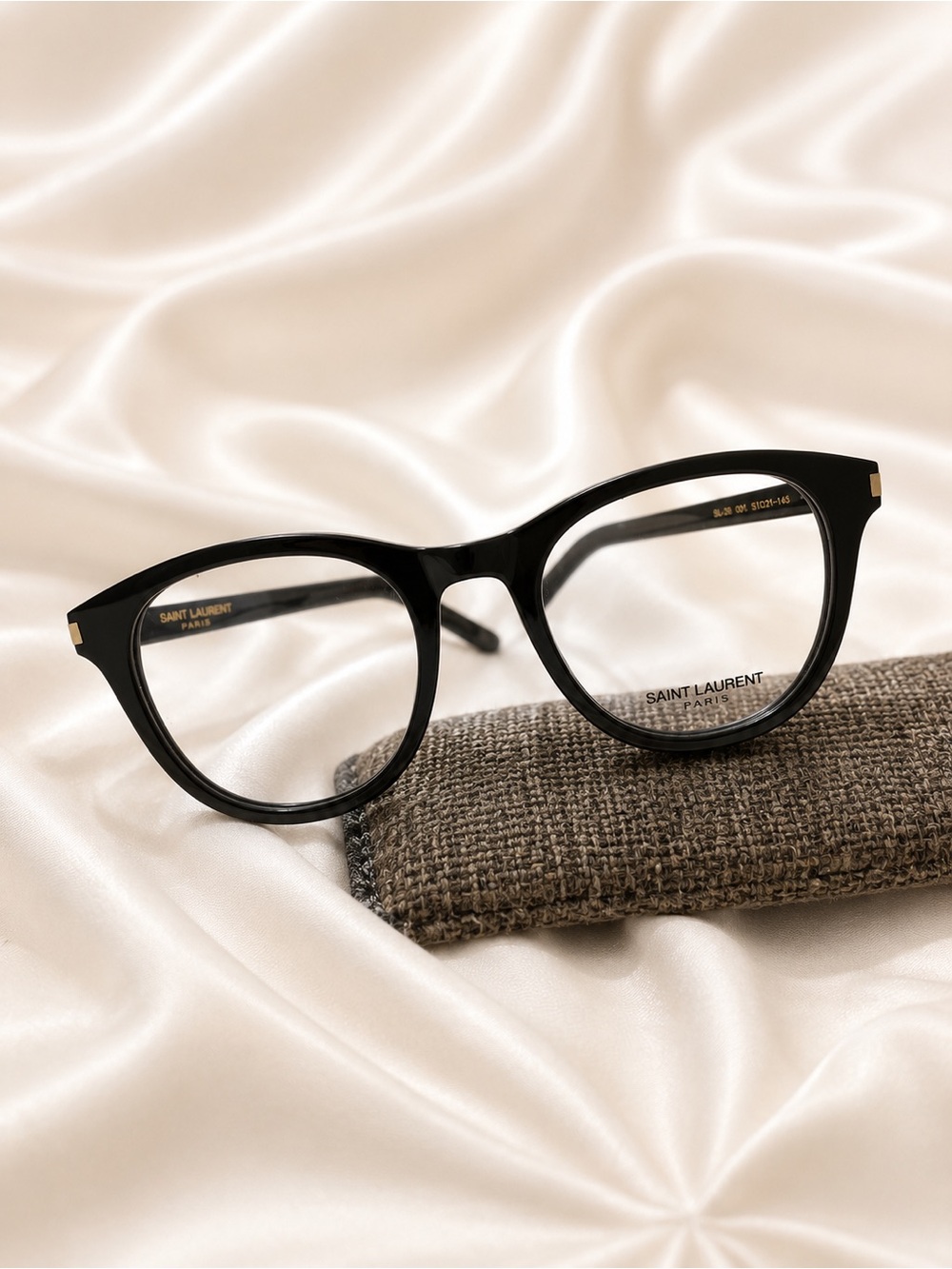 Saint Laurent Black Round-Angled Optical Frames with Gold Trim